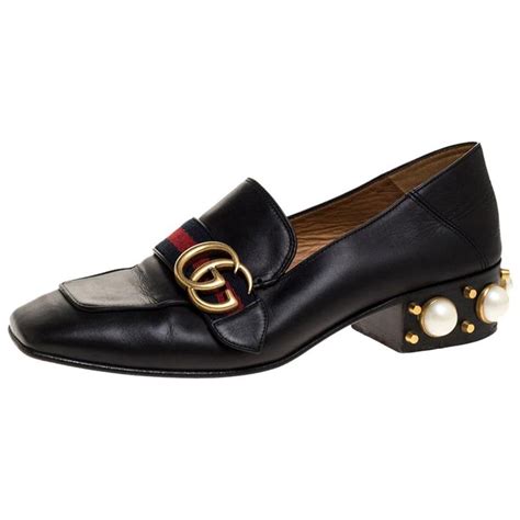 gucci women's black leather loafers|Gucci pearl heel loafer.